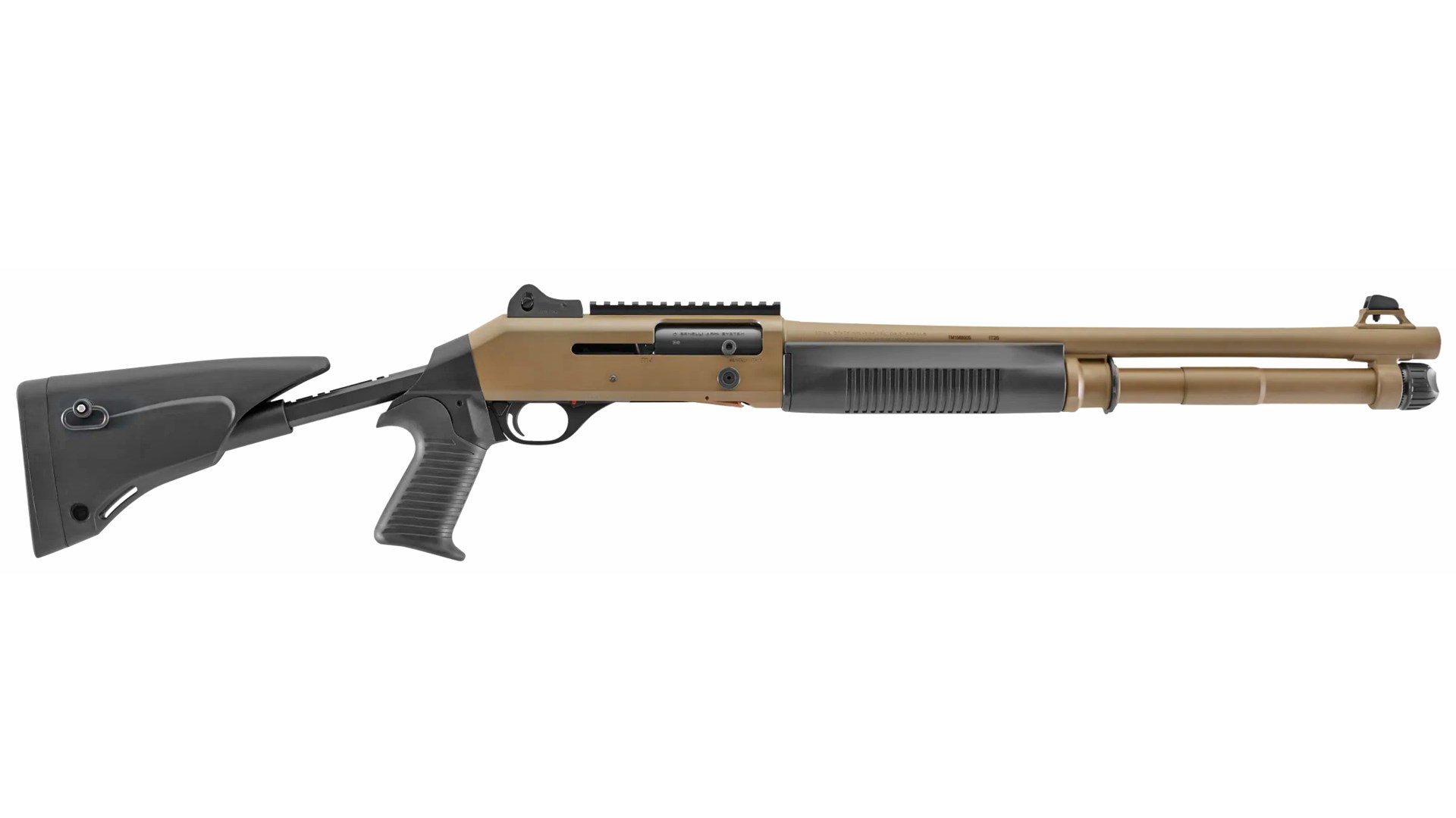 A Flat Dark Earth Cerakote finished version of Benelli's M4 EXT shotgun.