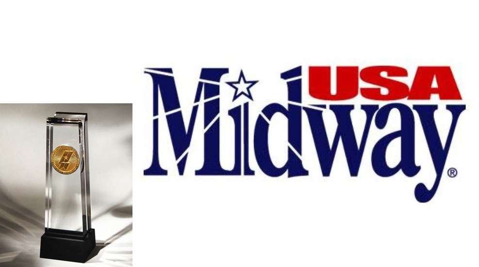 MidwayUSA brand logo red white blue glass award gold stunning