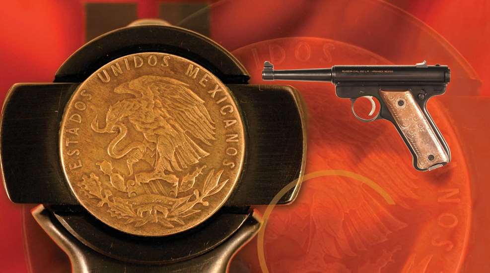 red background gold mexican seal foreground gun pistol