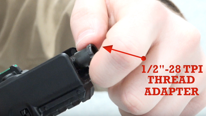 Right-side view of P17 muzzle with a man&#x27;s hand unthreading the muzzle nut and text on image describing 1/2x28 thread adapter.