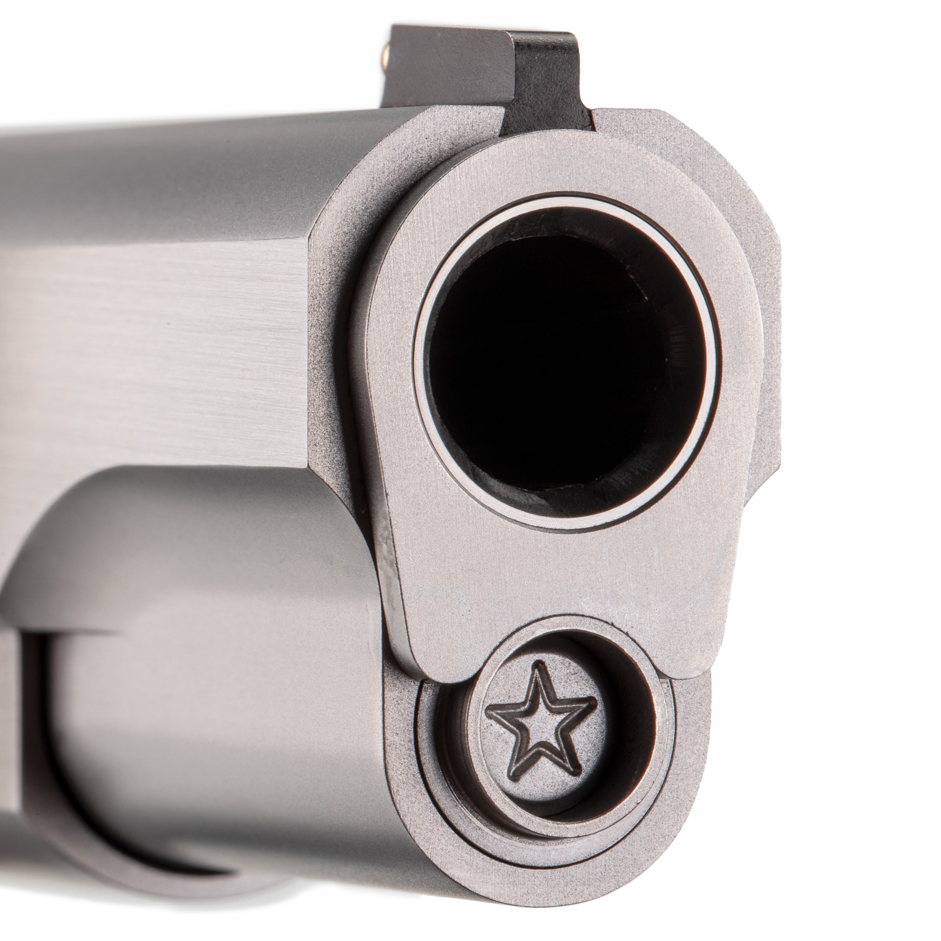 Cabot Guns Southpaw 1911 barrel closeup detail pistol gun slide sight star plug bushingmetal stainless steel