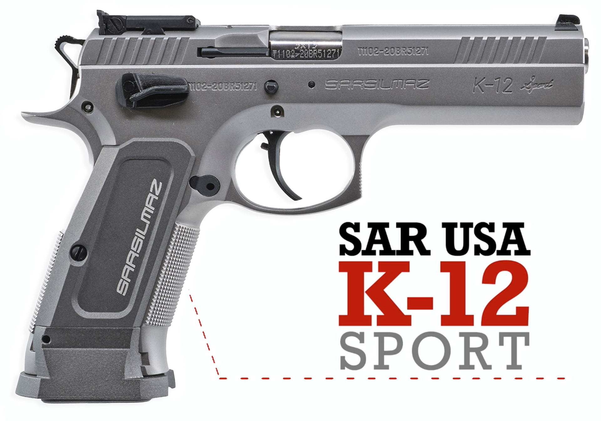 gun right side gray color steel stainless text on image noting make and model SAR USA K12 Sport