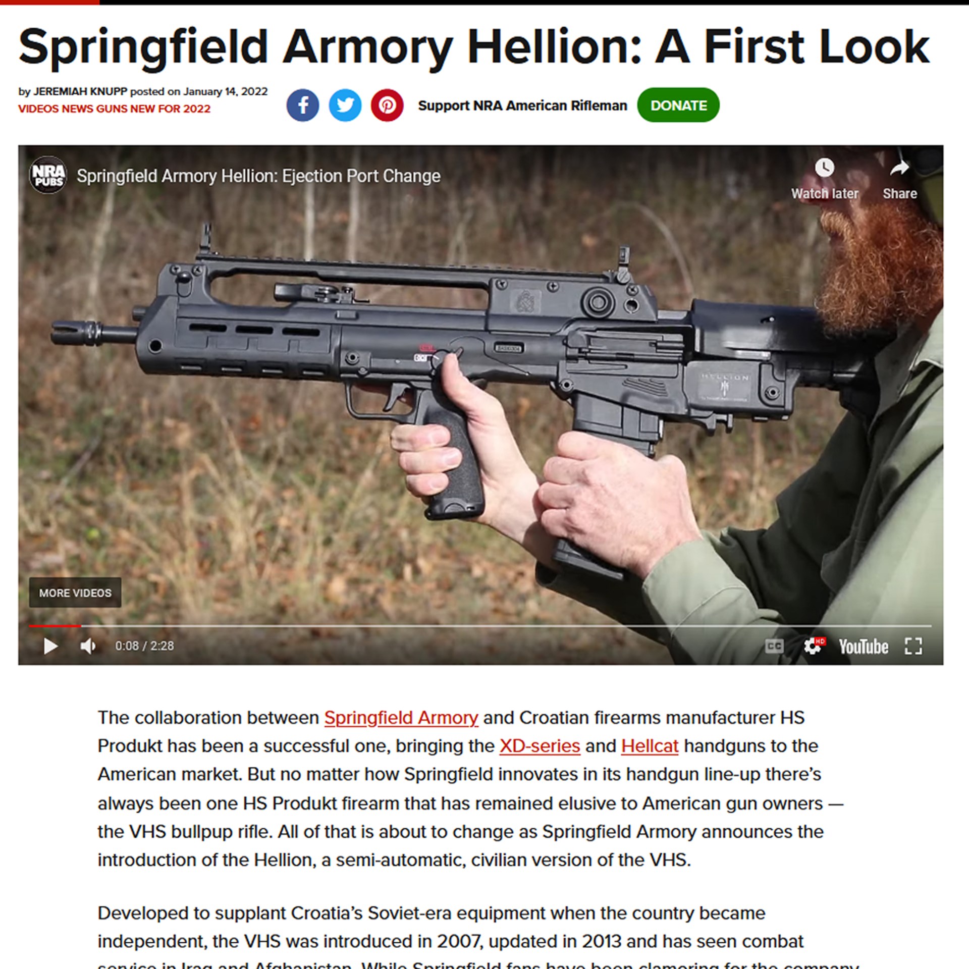 Screenshot of webpage about Springfield Armory Hellion bullpup rifle showing man outdoors and left-side view of black gun youtube player video text description below