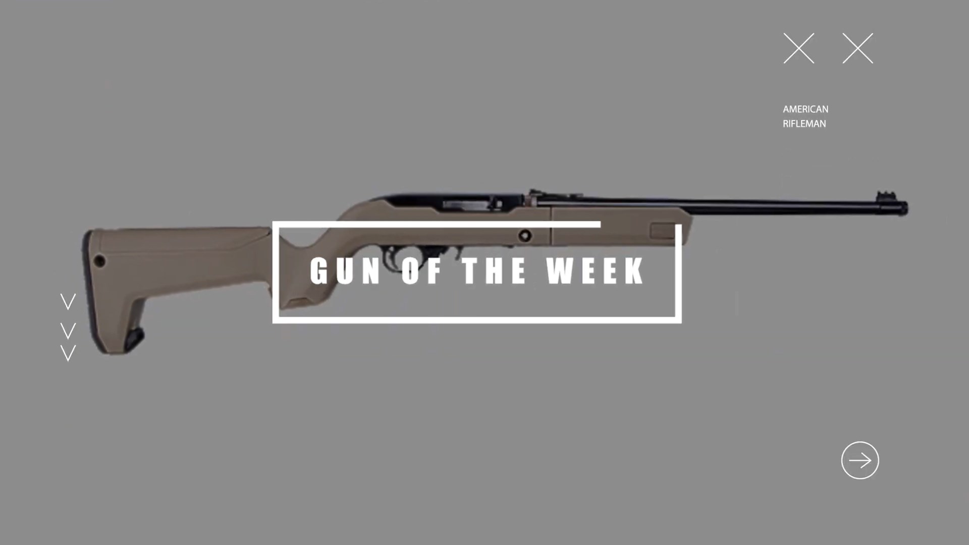 Ruger 10/22 Takedown FDE right-side view background image overlay GUN OF THE WEEK text on image AMERICAN RIFLEMAN title screen from video