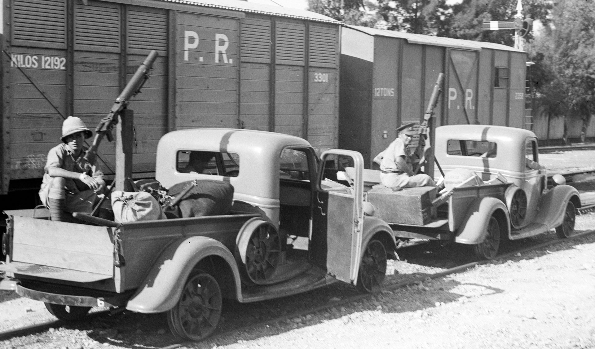 Mobile firepower:  British light trucks, equipped with Lewis guns, and converted to railway travel, were used to patrol the vital rail lines in Palestine to prevent sabotage.  Library of Congress
