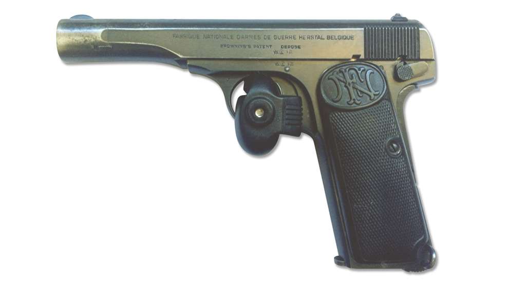 Belgian Browning .380 ACP pistol left-side view shown with trigger lock