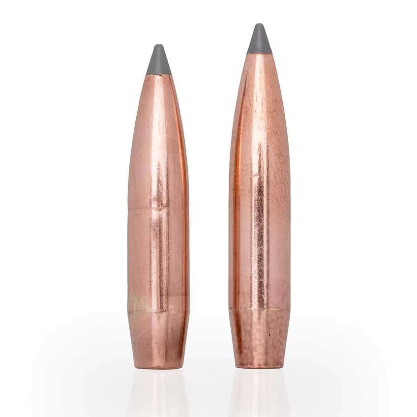 Measuring 0.095" longer than the existing 150-gr. version of the same bullet (l.), the new 165-gr. .277" AccuBond Long Range (r.) projectile used by 6.8 mm Western enjoys both a higher ballistic coefficient and greater sectional density.