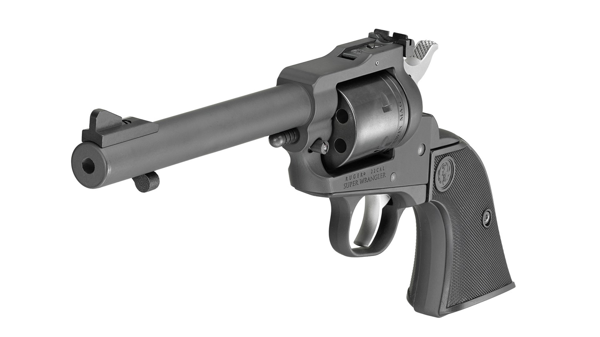 Front and left side of the Ruger Super Wrangler, showing the adjustable sights and the large, black front sight blade.