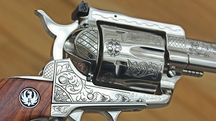 A closer look at the engraving work from Ford&#x27;s Custom Guns on the Ruger Blackhawk.