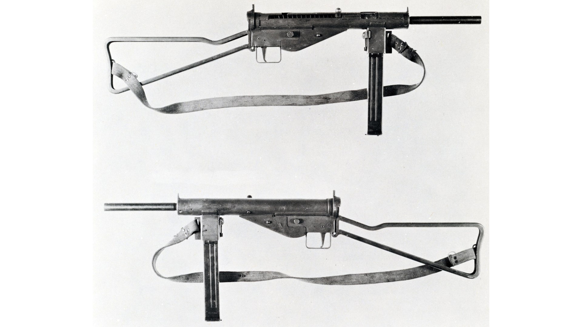 MP 3008 submachine guns left- and right-side view shown with sling and wire-frame stock