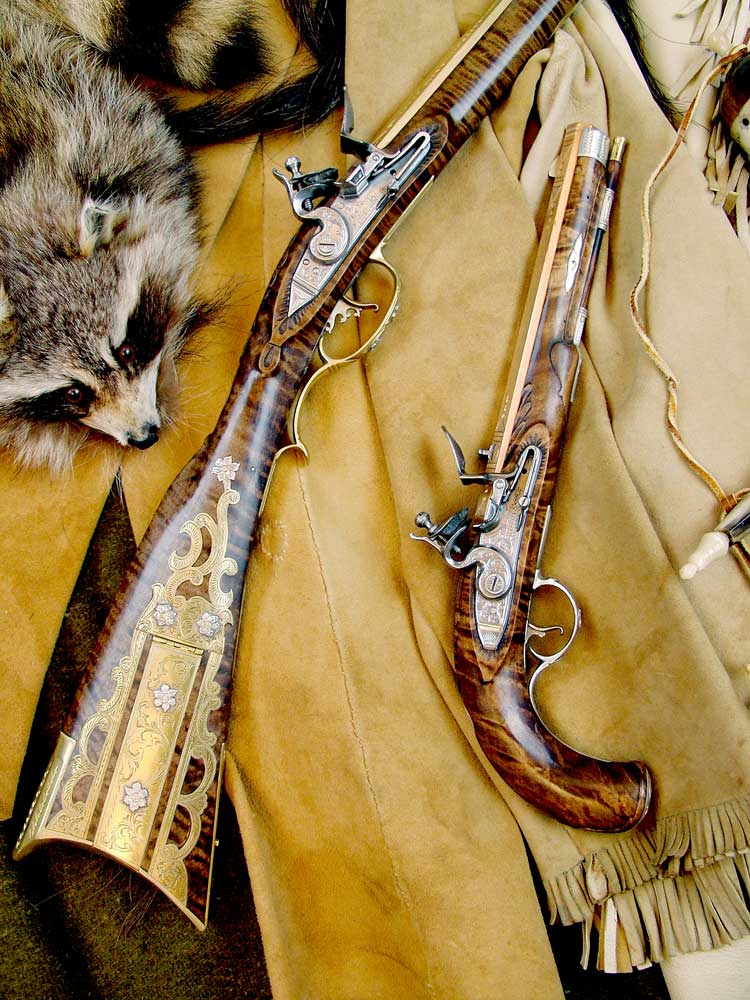 guns pistol rifle leather artwork raccoon skin hide