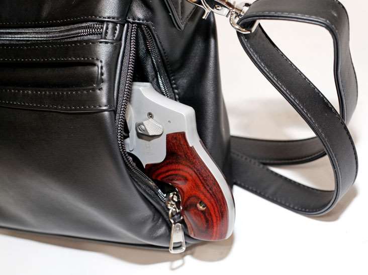 Close-up view of revolver inside a purse pocket shown on white background.