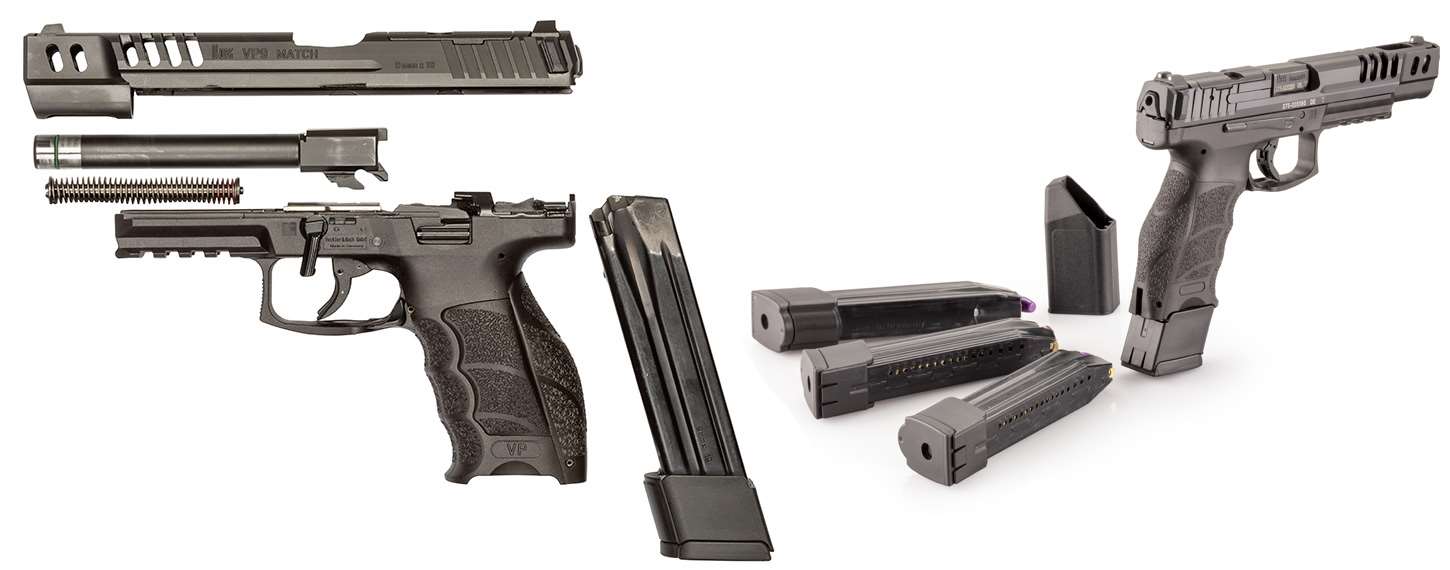 Heckler &amp; Koch VP9 Match disassembled gun parts handgun pistol magazine slide metal steel plastic two view left and right