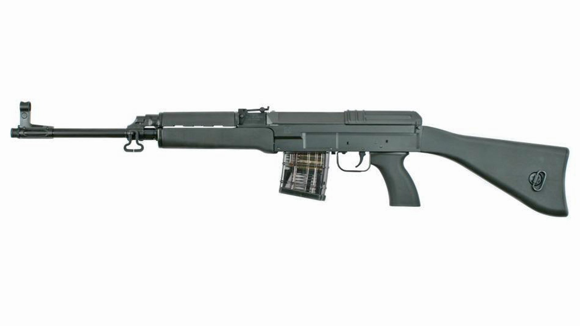 Left side of the state-compliant, all-black CzechPoint Liberty vz.58 rifle.