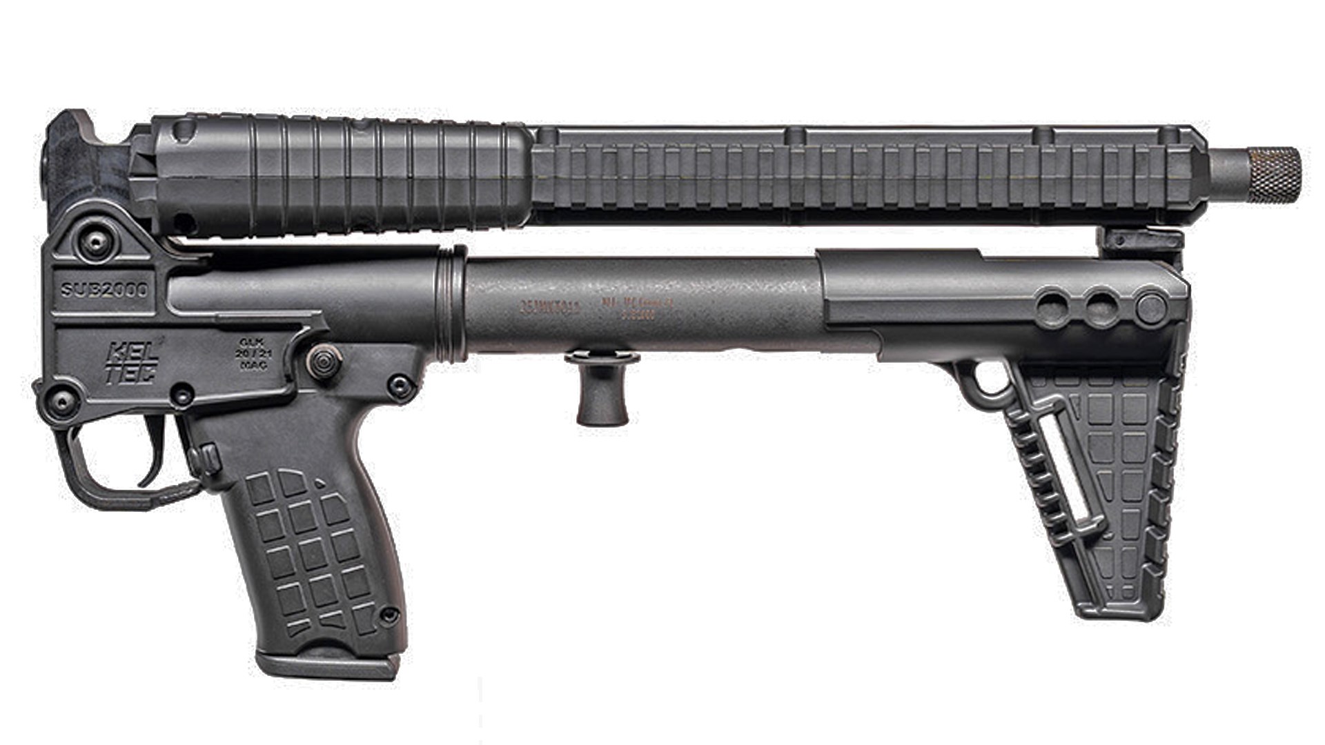 A KelTec SUB2000 10 mm Auto carbine in its folded configuration.