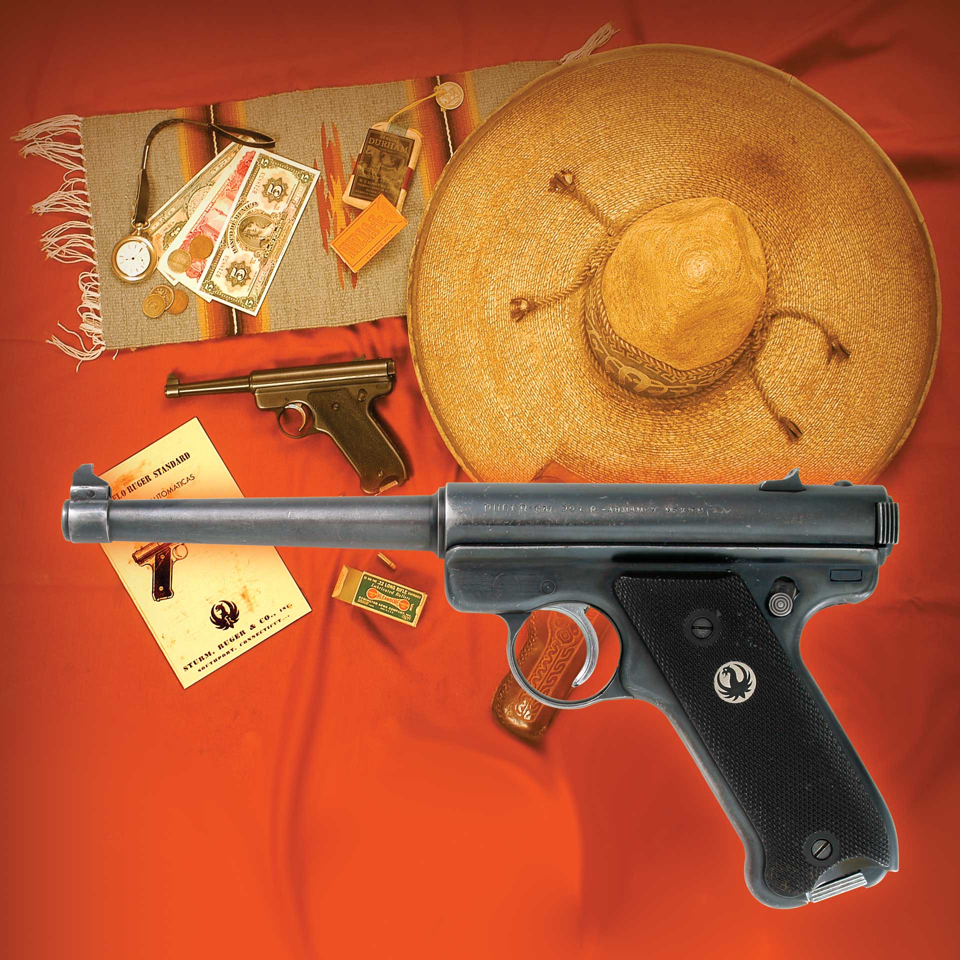 guns pistol hat money watch items red table