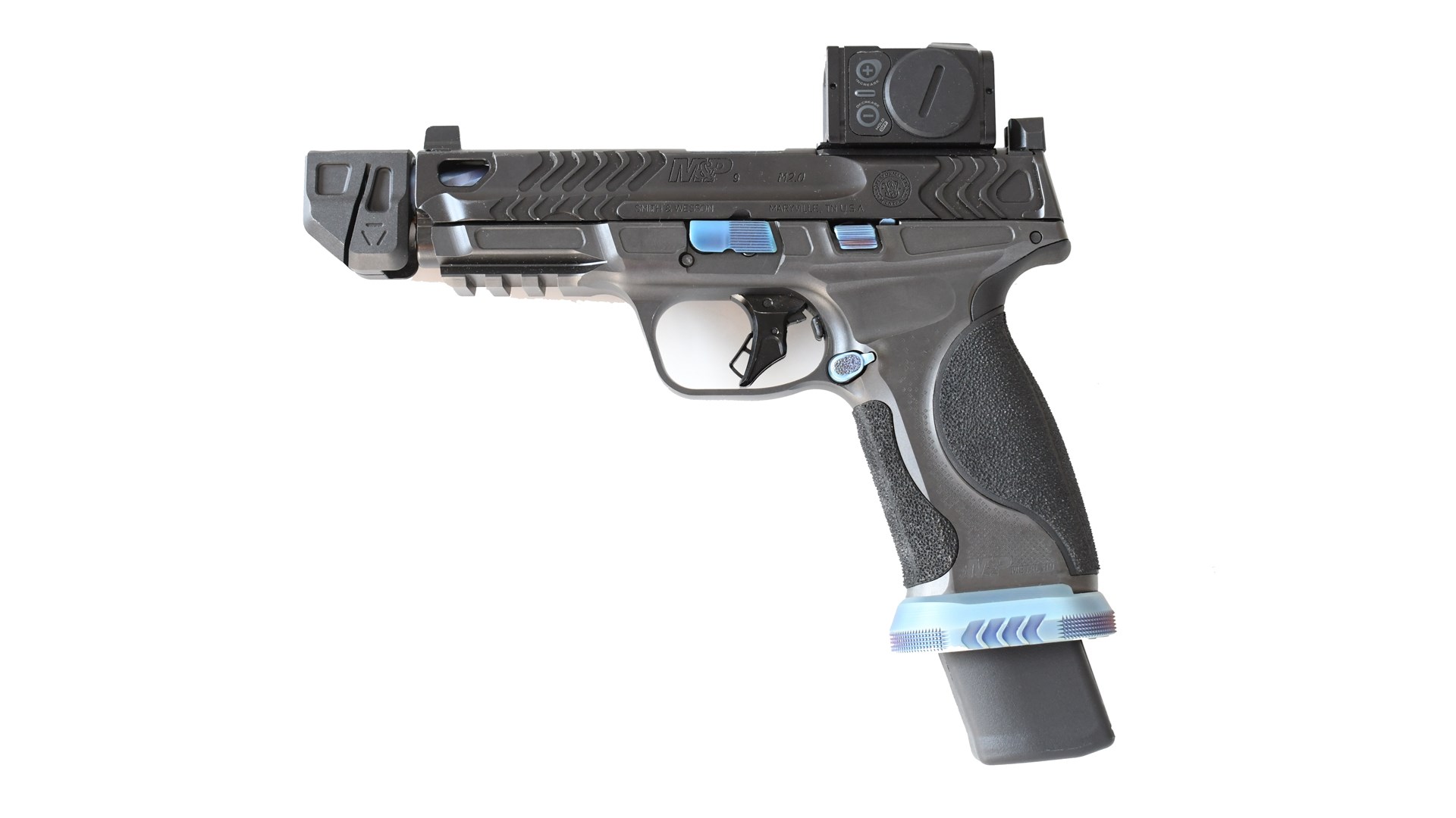 Spec Series V Smith & Wesson M&P 9 M2.0 Metal HD pistol grey and blue theme left-side view shown with aimpoint enclosed emitter red-dot optic attached to top of slide extended magazine