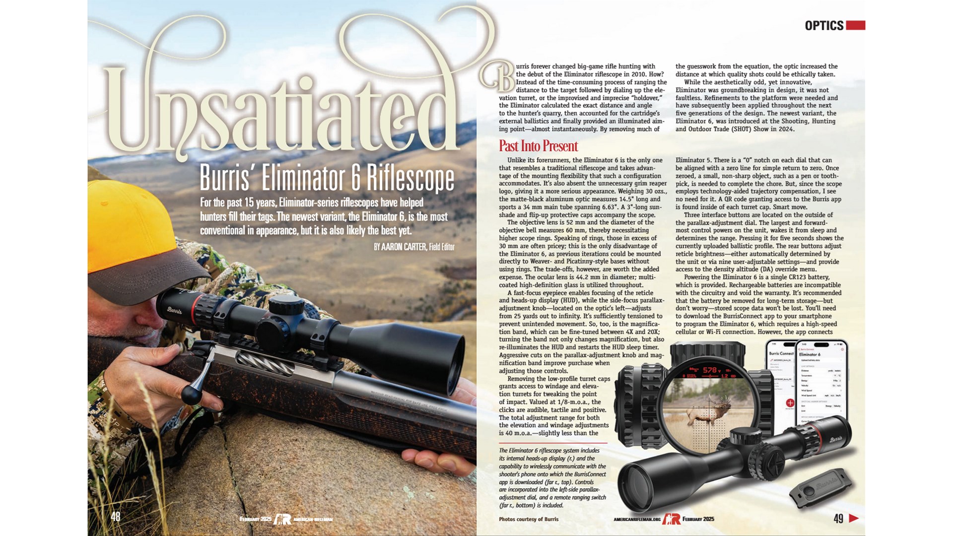 Burris Eliminator 6 Riflescope centerfold magazine spread showing hunter perched on rocks with riflescope and rifle text on image