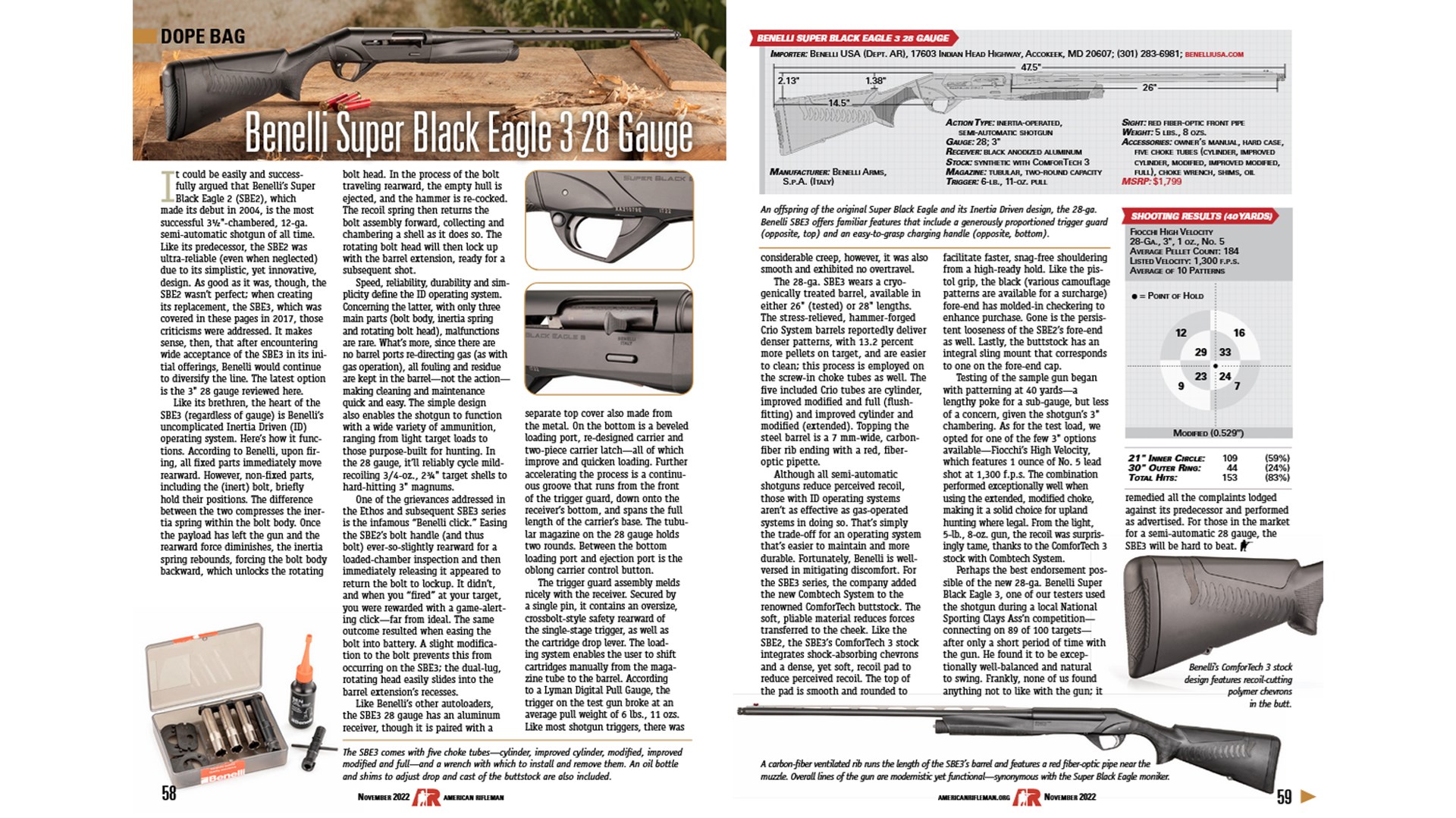 magazine spread article screenshot american rifleman benelli super black eagle 3 28 gauge shotgun technical writing specs drawing shotgun