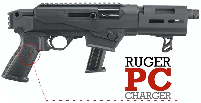 Black pistol right side metal plastic text on image noting make and model &quot;Ruger PC Charger&quot;