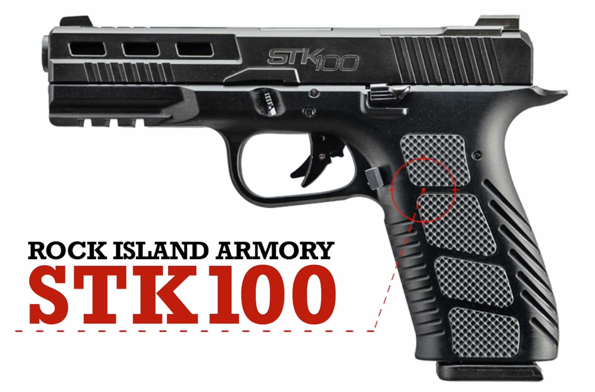 left side black pistol on white background with text on image noting "ROCK ISLAND ARMORY STK100"