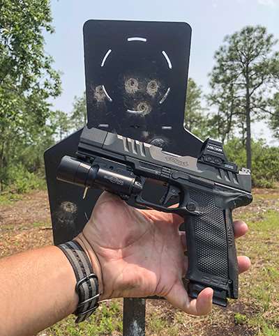 five shots on silhouette target