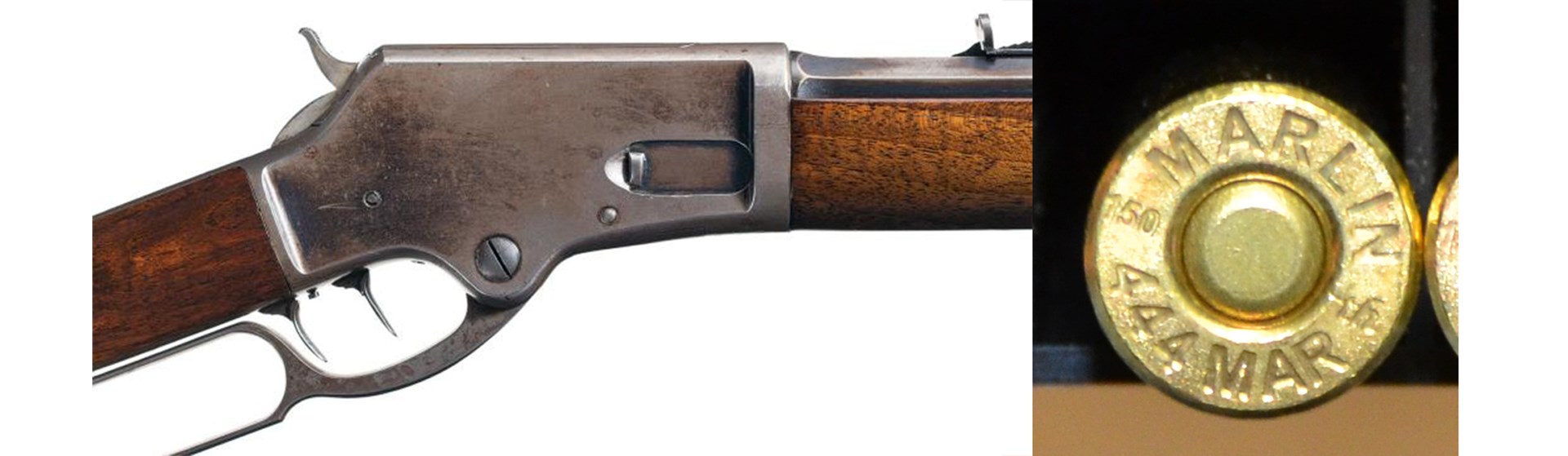 Marlin lever-action rifle left side old vintage versus brand-new ammunition casehead marlin 444 150th anniversary cartridge bullet