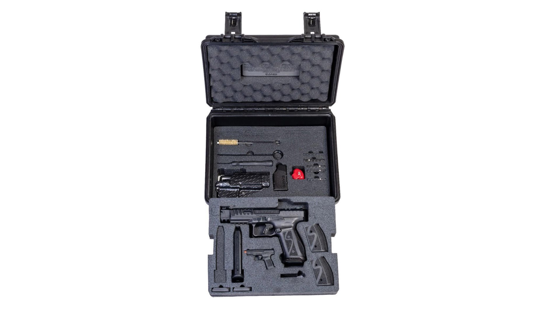 Canik SFx Rival-S pistol shown inside a foam-lined black hard-sided travel case.