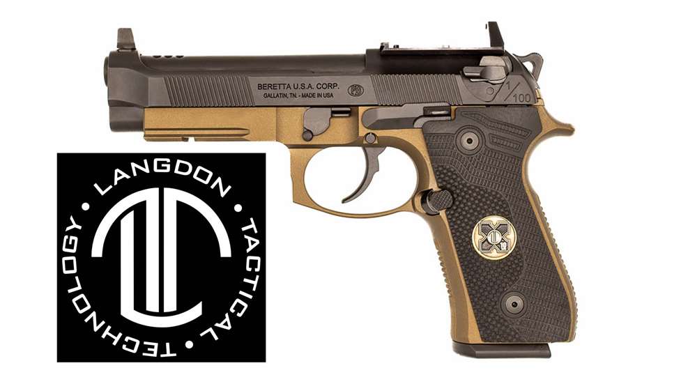 Langdon Tactical Technology Logo shown with customized beretta pistol left-side view