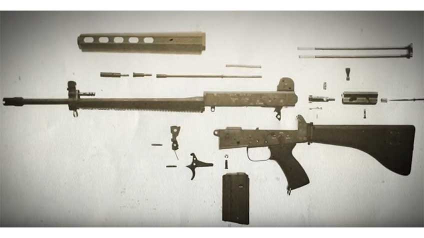 AR-18 disassembled into individual components on a white background.