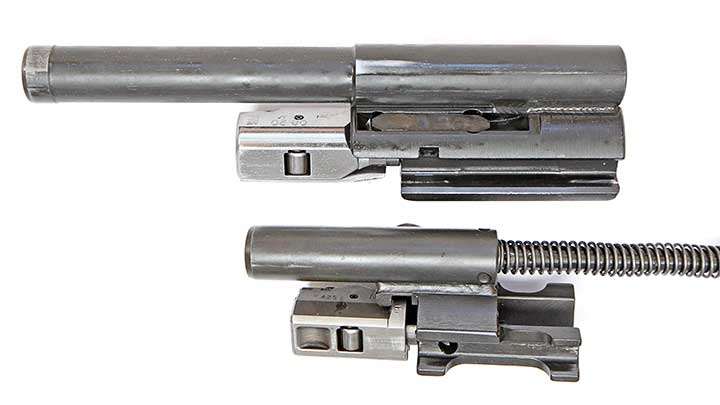 The PTR-32 bolt and carrier (top) is based on a .308 G3/PTR-91 unit, modified for the 7.62x39 mm cartridge. Note the locking lever. Below is an MP5-type 9 mm bolt and carrier.