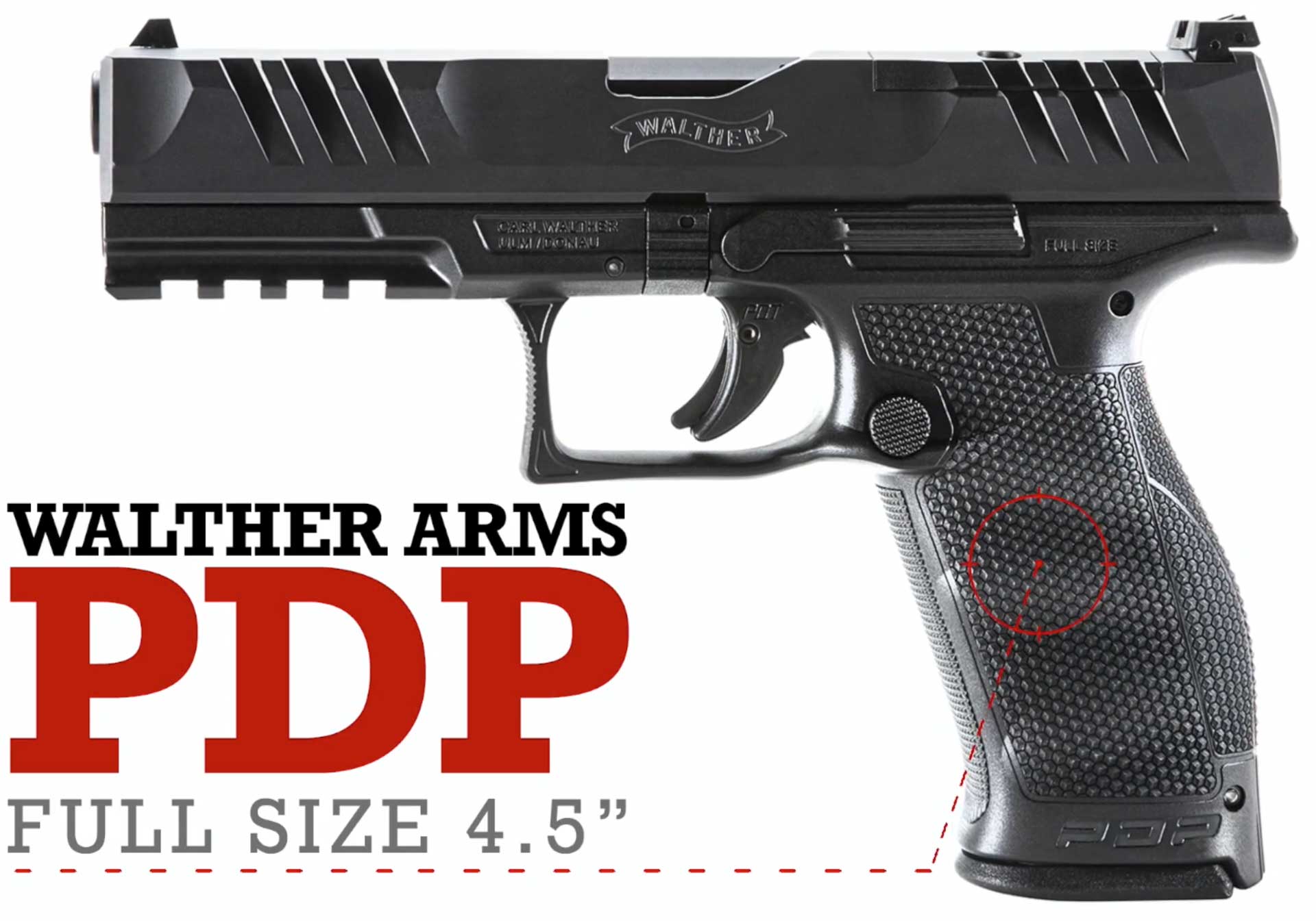 black pistol handgun metal plastic gun left side with text noting make and model "walther arms pdp full size 4.5""
