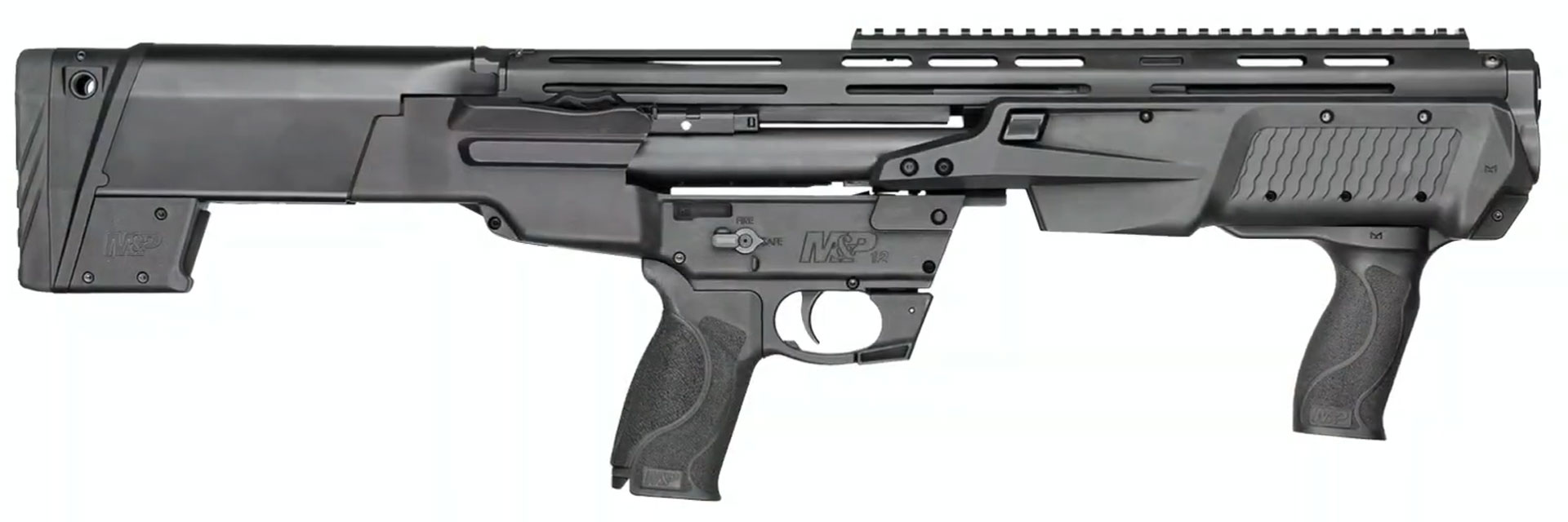 right-side view black smith & wesson M&P12 bullpup shotgun 12 gauge pump-action gun metal plastic