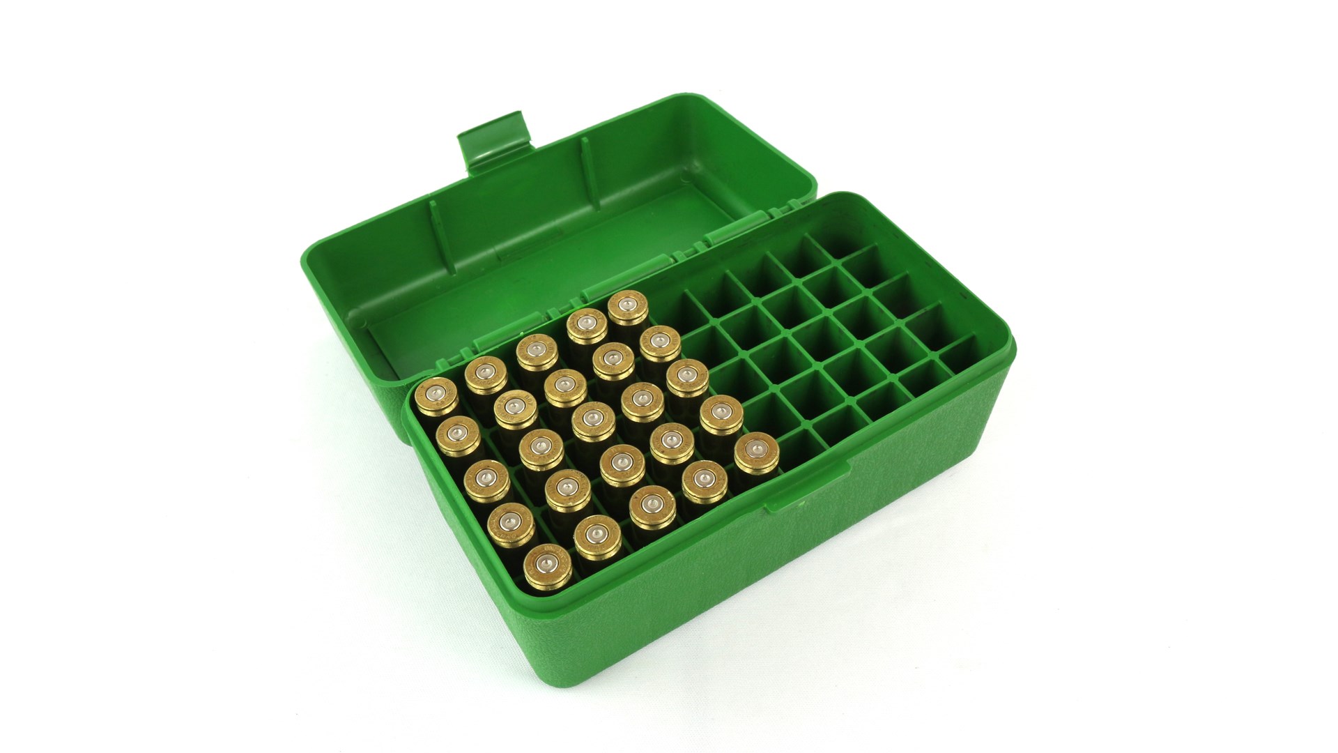 Green box plastic organizer shell case ammunition rounds container reloads shown on white with half empty box of ammunition