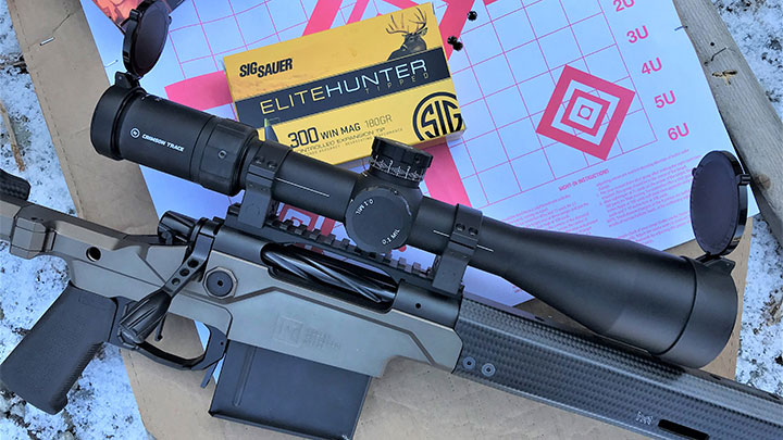 Christensen chose to mount a 20-MOA Picatinny rail directly onto the receiver. A Crimson Trace CTL-3525 3-Series Tactical 5-25x56 mm optic was mated to the upper receiver rail with 34 mm Talley rings.
