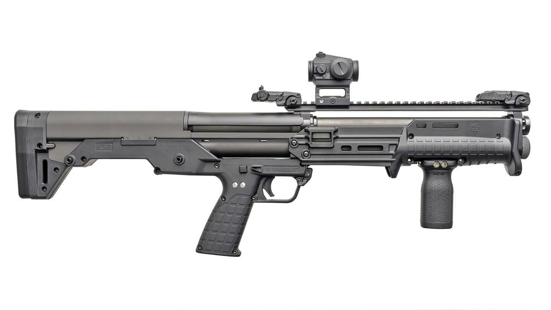 Right side of the KelTec KS7 Gen2 Defender model with optic, foregrip and folding iron sights.