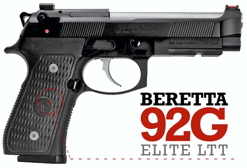 Black pistol left side metal g10 silver steel stainless handgun text on image noting &quot;beretta 92G Elite LTT&quot;