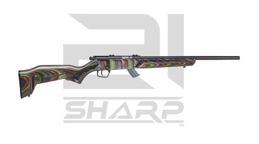 Savage Arms B-Series bolt-action rifle featuring Boyd's gunstock chambered in the new .21 Sharp rimfire cartridge. Text on image noting .21 Sharp