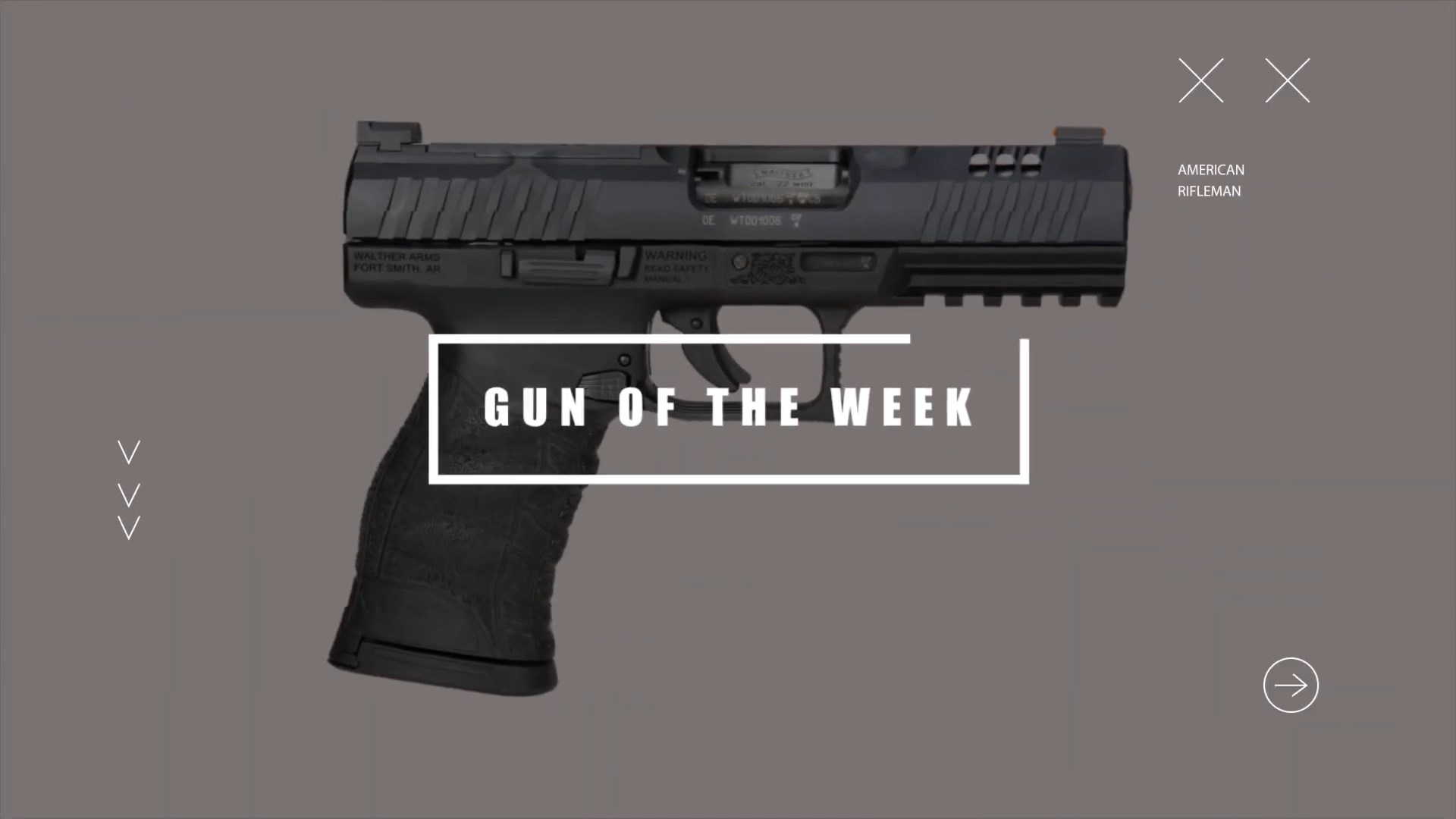 Walther Arms WMP .22 WMR pistol right side on white with text on image noting GUN OF THE WEEK AMERICAN RIFLEMAN