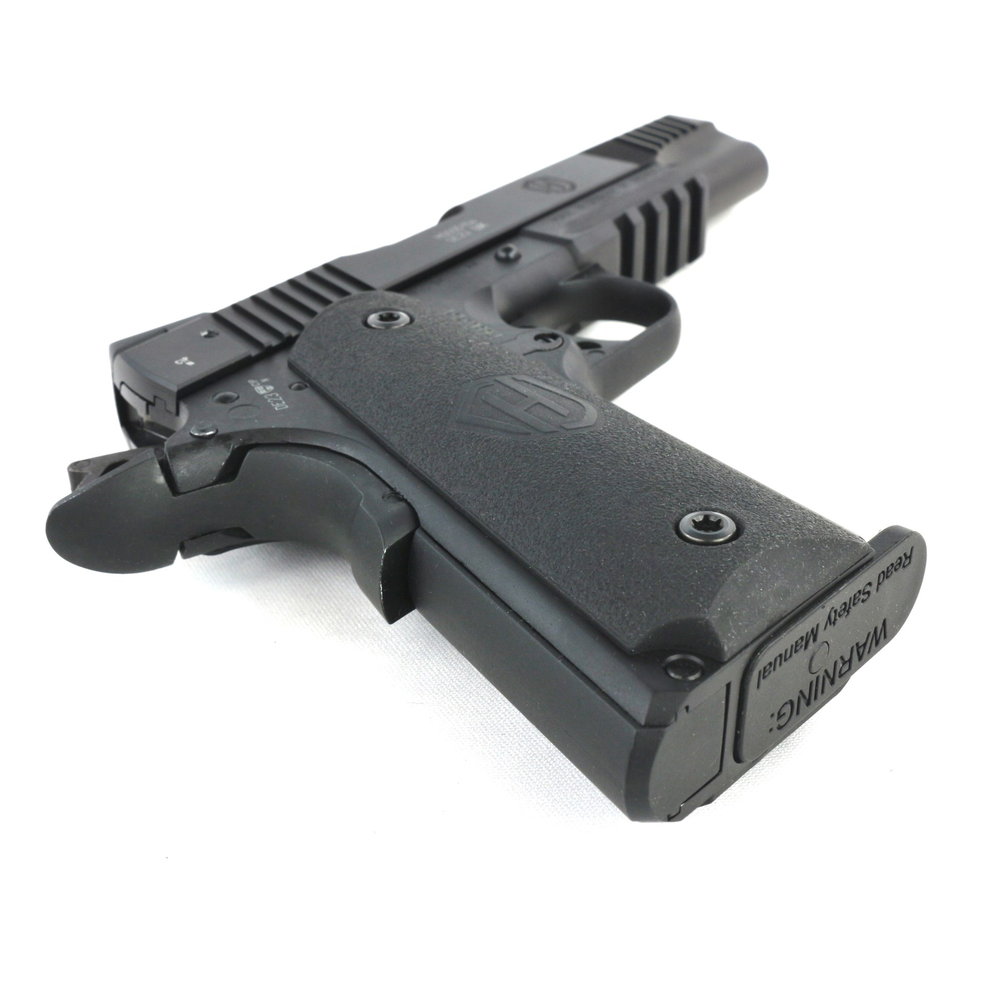Hammerli Forge H1 pistol on its side black gun 1911-type 22 long rifle rimfire black grips picatinny rail beavertail memory bump