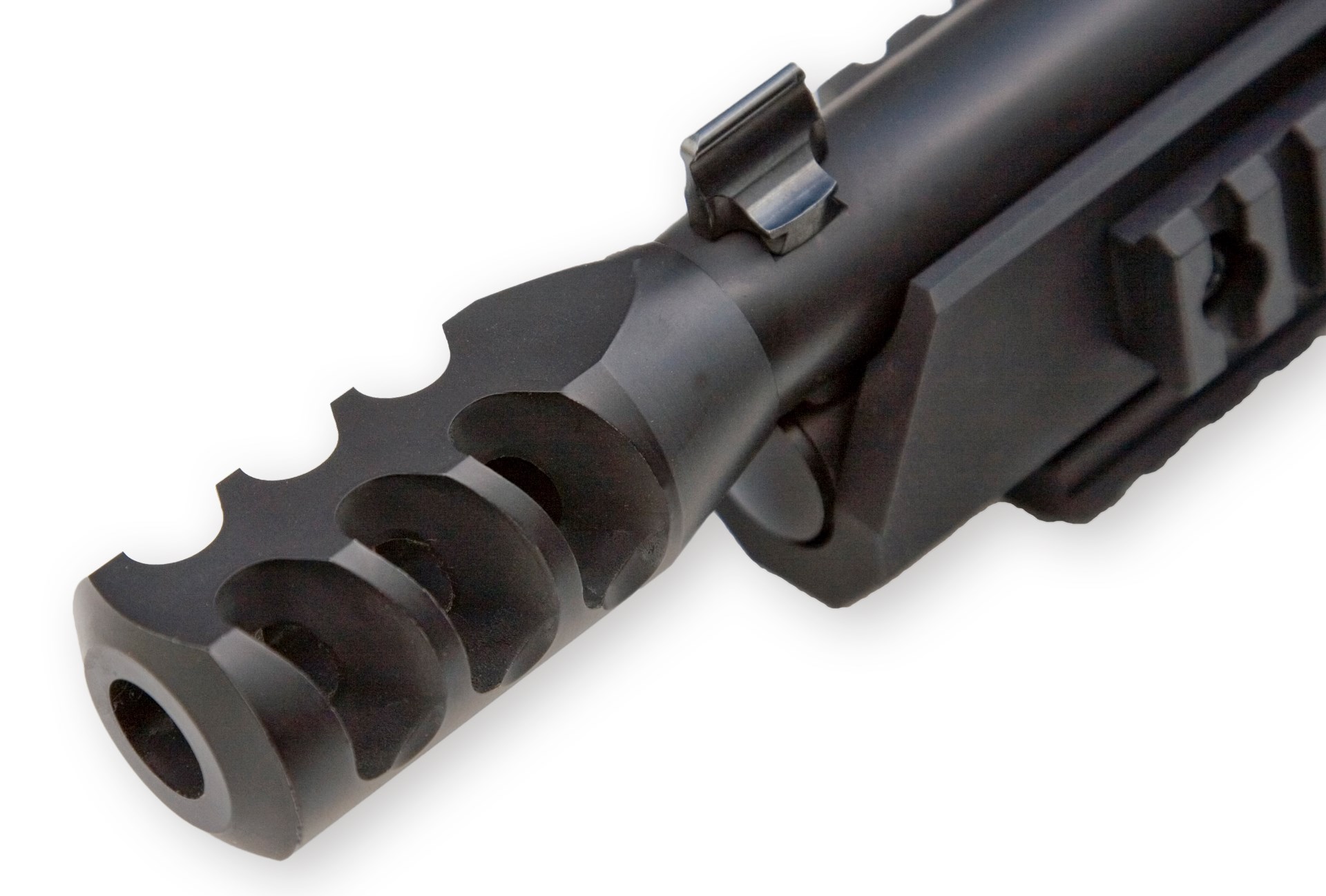 Big Horn Armory Black Thunder rifle parts barrel muzzle brake sight closeup metal
