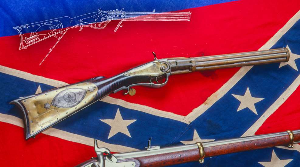 Confederate battle flag shown with the 48-shot Virginia Pacificator repeating rifle along with patent drawing overlay top left