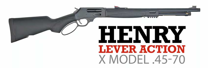 right side rifle black text on image noting Henry Repeating Arms Lever Action X Model .45 70