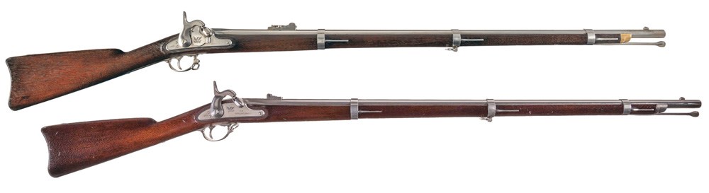 Model 1855/1861 Springfield percussion rifles two comparison view wood stock longarms