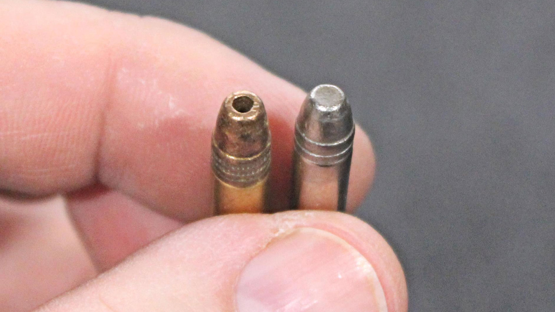 A typical .22 LR hollow point bullet (left) compared to the deep penetrating Federal Premium Punch bullet.