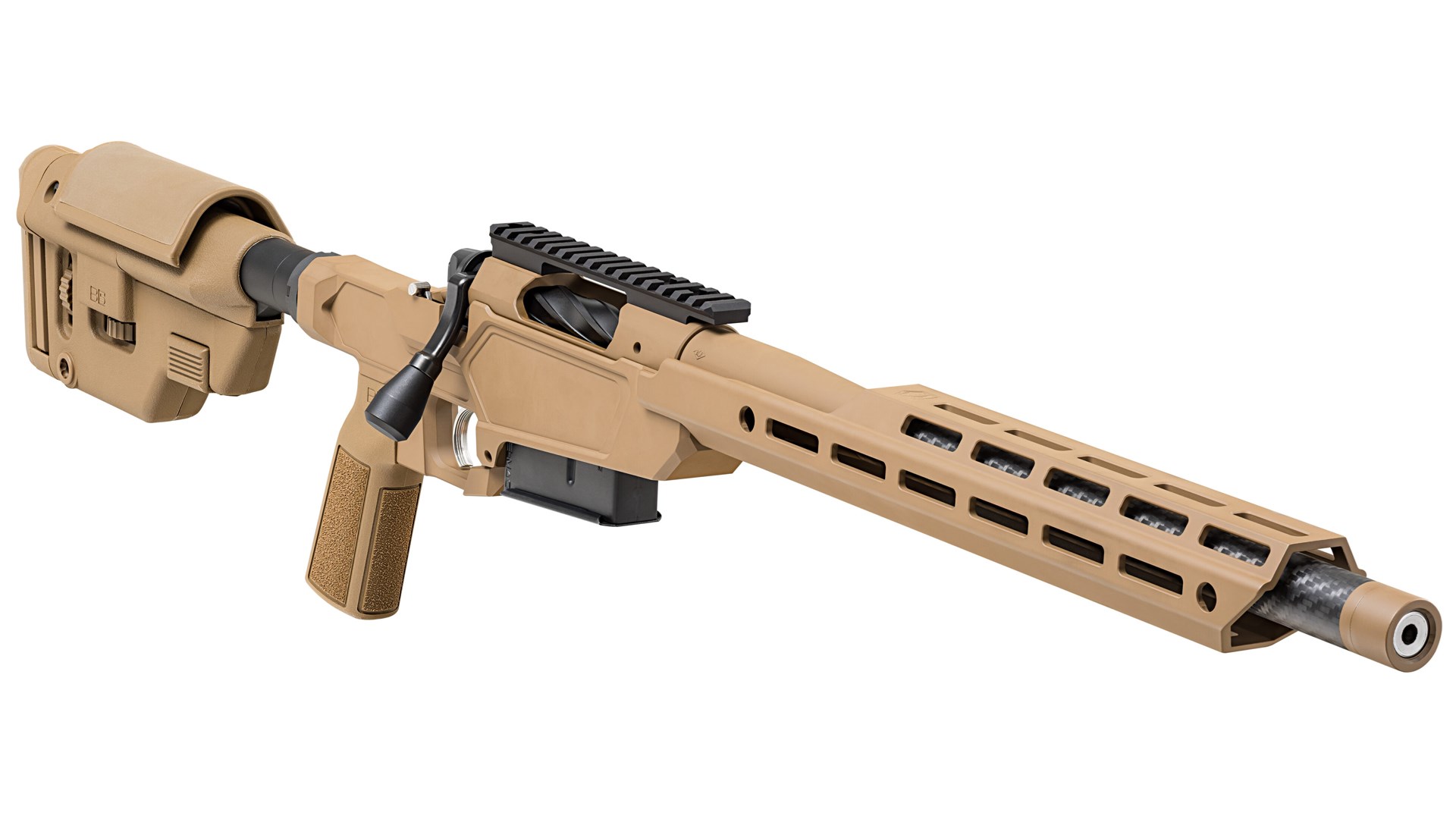 Springfield Armory 2020 Heatseeker bolt-action rifle forward dynamic angle right-side view carbon-fiber barrel threaded muzzle Coyote Brown color accessories aluminum chassis featuring M-Lok slots fully adjustable buttstock
