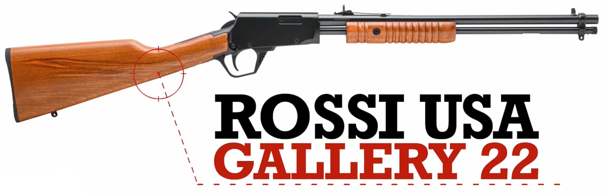 right side pump-action rifle wood metal black text on image noting "rossi usa gallery 22"