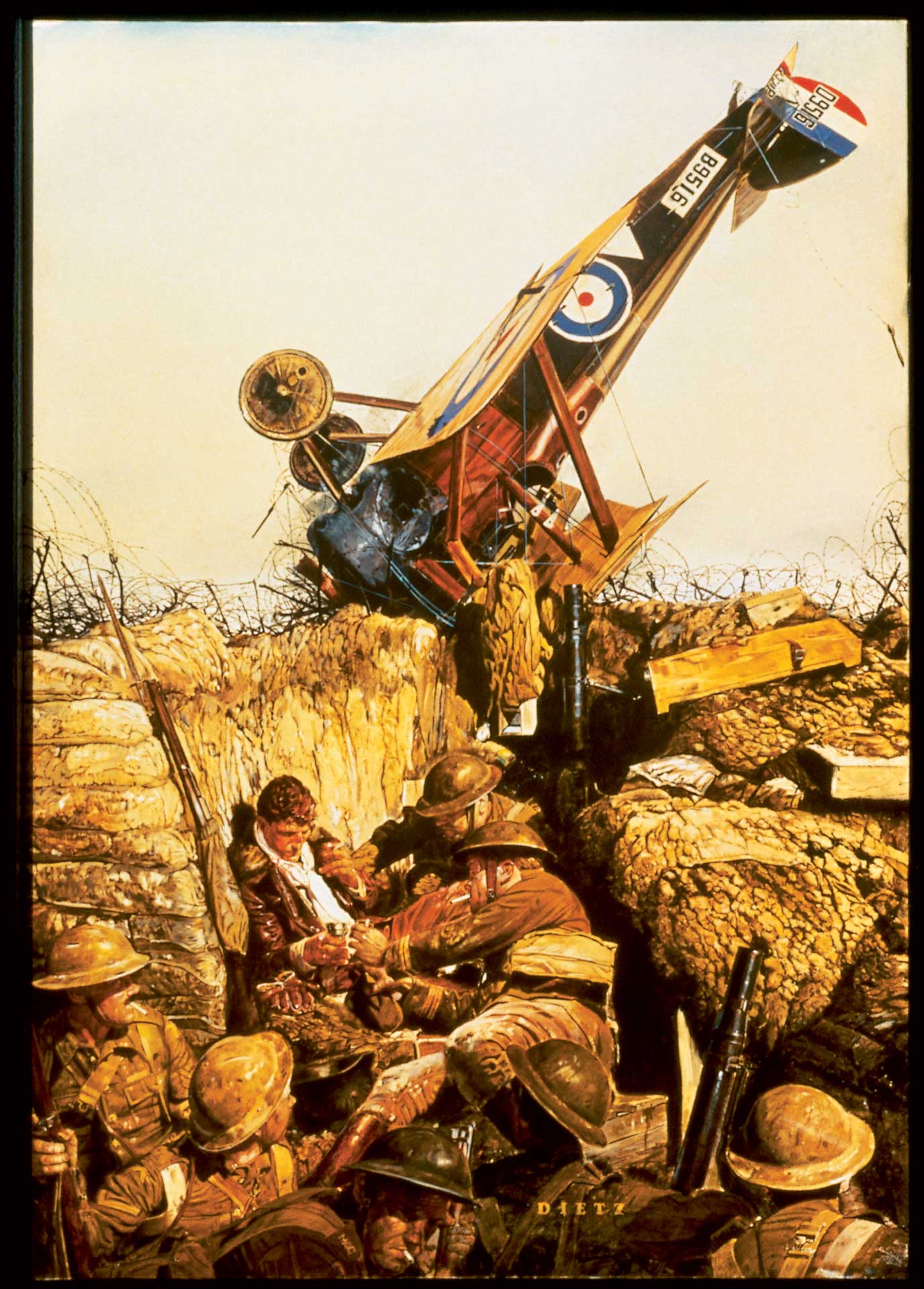 art painting drawing airplane crash war soldiers trench outdoors rocks guns equipment