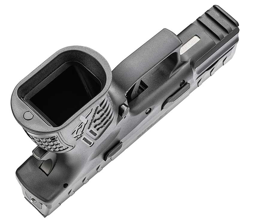 underside view springfield armory xd-m elite magazine well funnel black plastic polymer frame gun pistol handgun