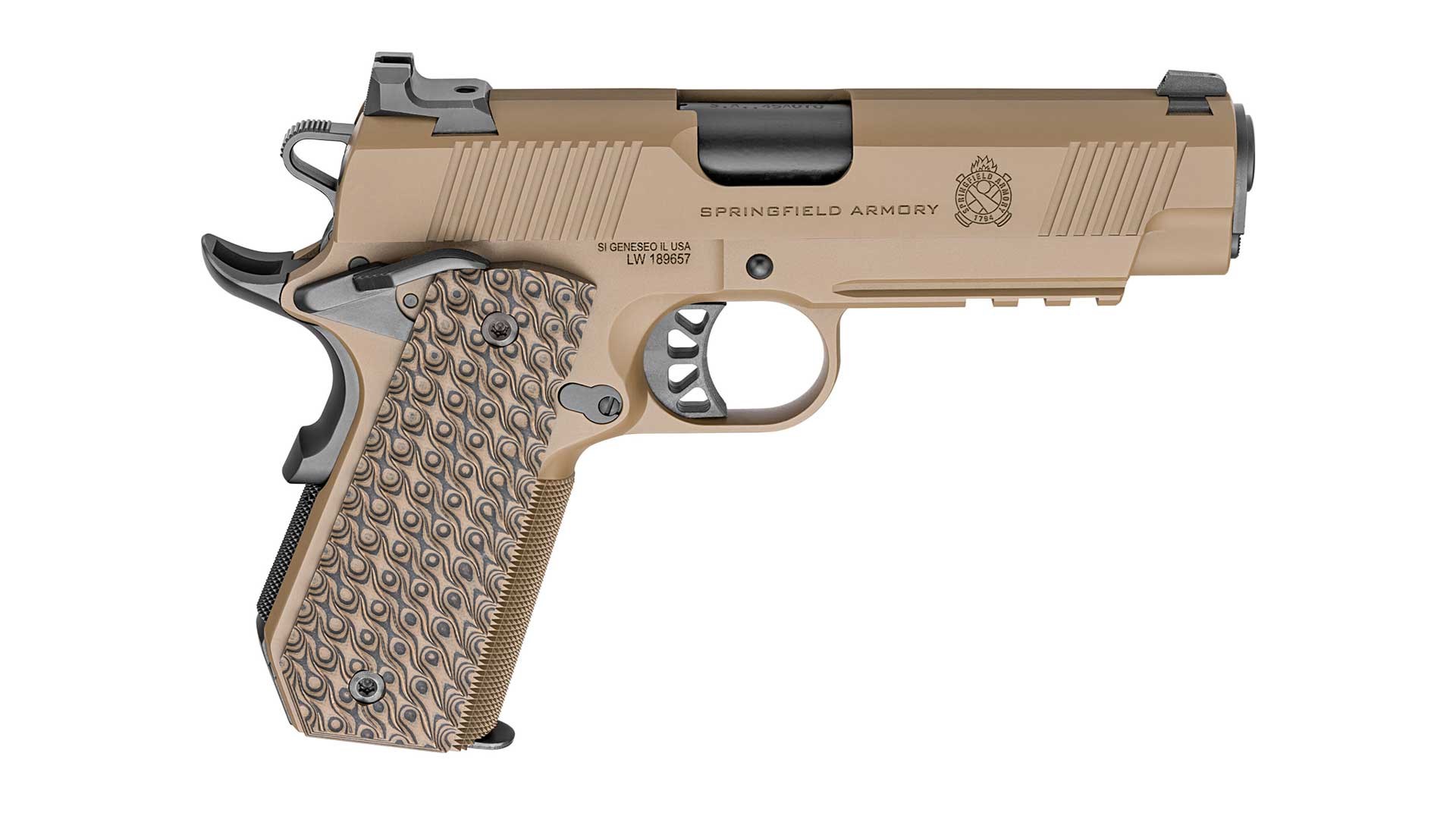 Right side of the FDE-colored Springfield Armory TRP 1911.